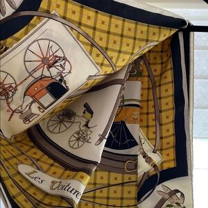 Hermes 34” square in earthtones 
Les Voitures Nouvelles